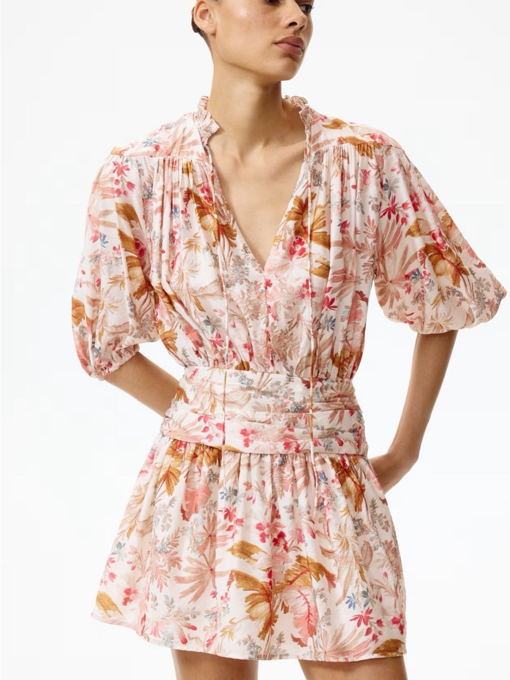 H&M Floral Puff-Sleeve Romper in Blush Pink